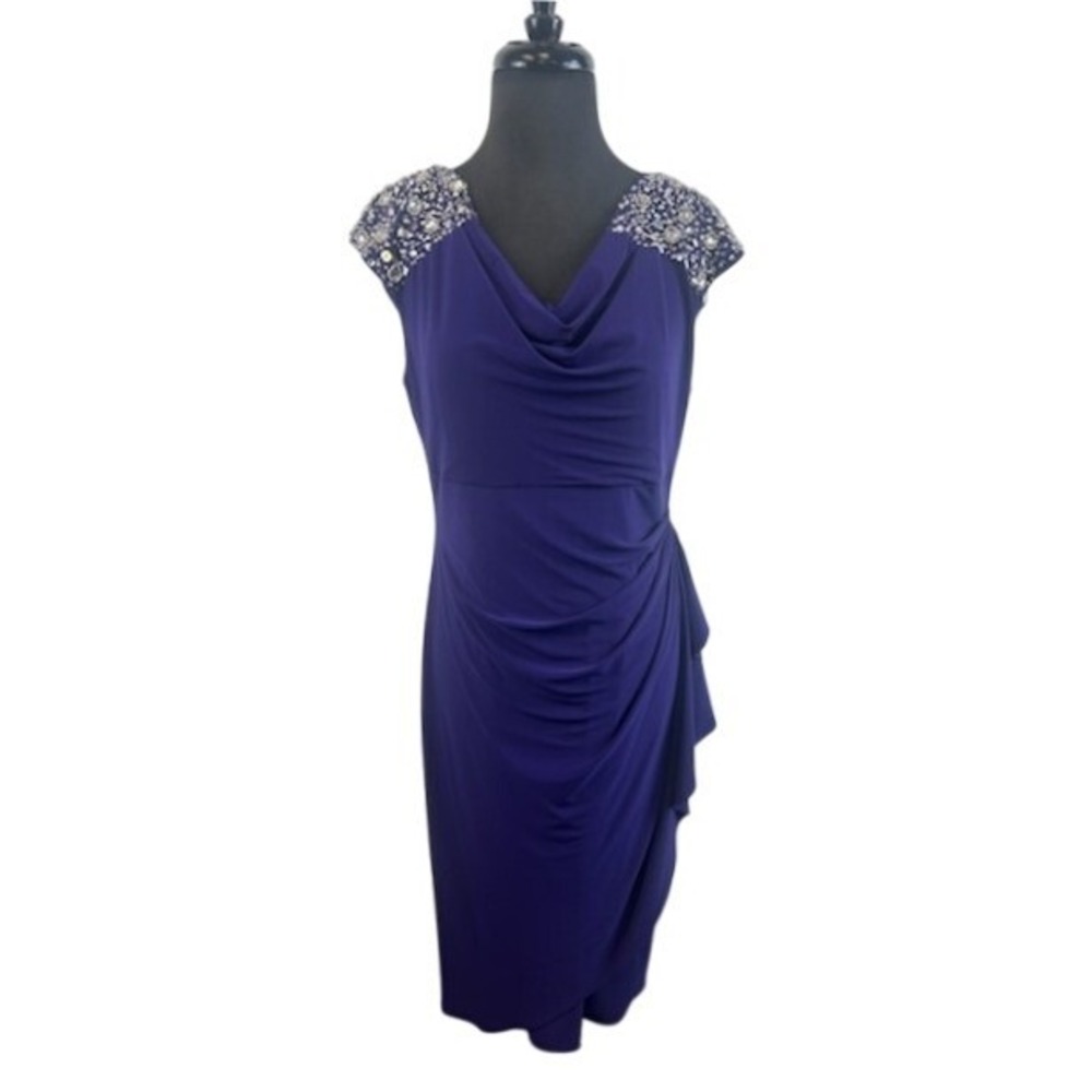 Alex Evenings Cocktail Dress Women's Petite Size 10 Purple Beaded Shoulder Party